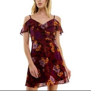 BCX Womens Off Shoulder Floral Fit & Flare Cocktail Dress Purple Yellow Size Lar